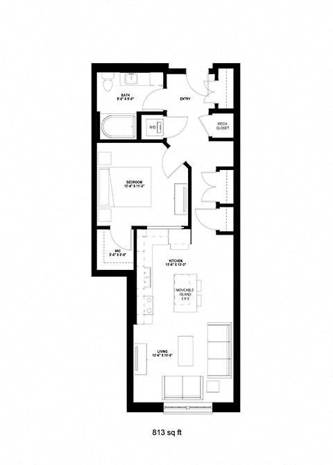 Floor plan for 1 bed, 1 bath, 813 sqft